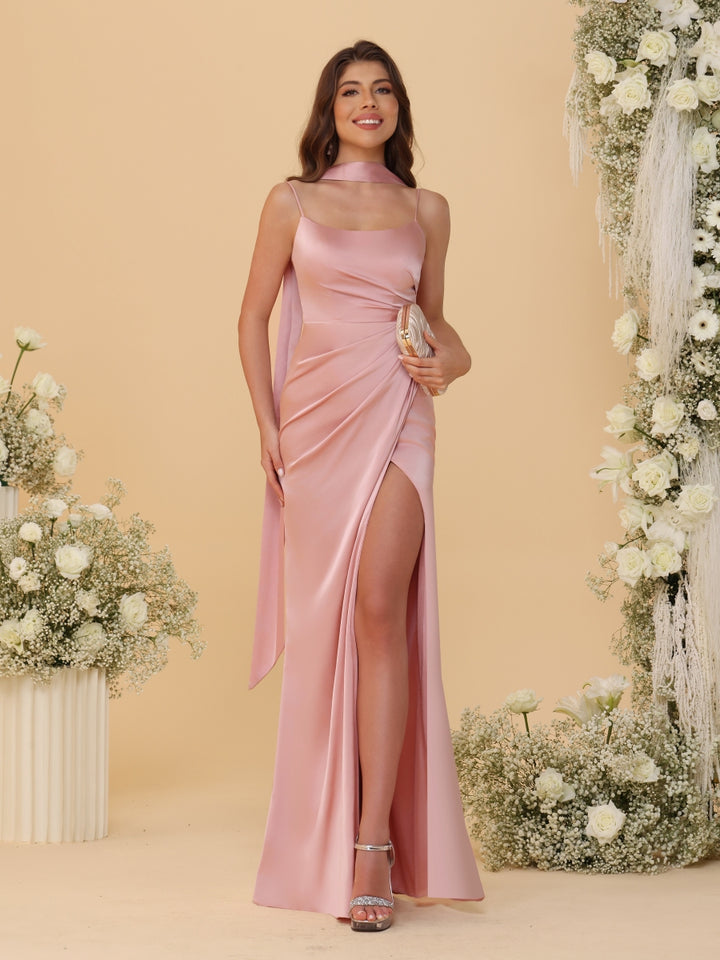 Sheath/Column Spaghetti Straps Sleeveless Floor-Length Ruched Bridesmaid Dresses With Neck Scarf &amp; Split Side