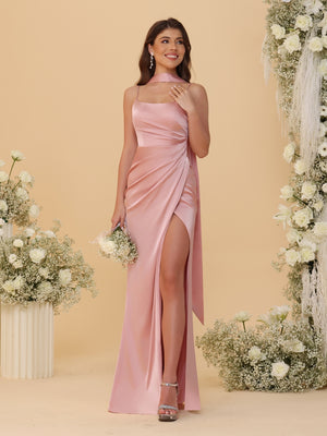 Sheath/Column Spaghetti Straps Sleeveless Floor-Length Ruched Bridesmaid Dresses With Neck Scarf & Split Side