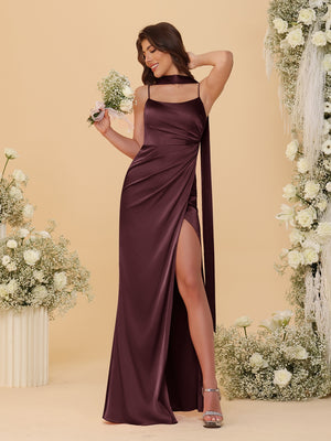 Sheath/Column Spaghetti Straps Sleeveless Floor-Length Ruched Bridesmaid Dresses With Neck Scarf & Split Side