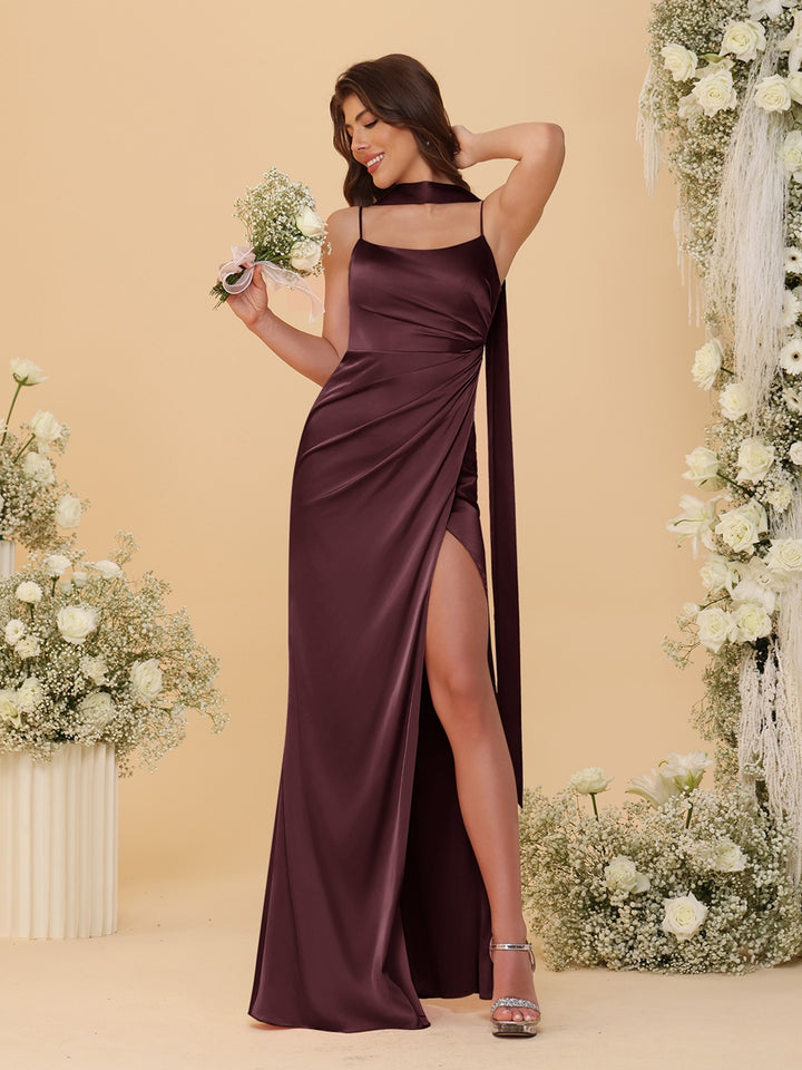 Sheath/Column Spaghetti Straps Sleeveless Floor-Length Ruched Bridesmaid Dresses With Neck Scarf &amp; Split Side