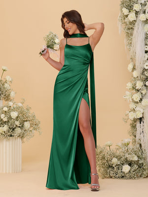 Sheath/Column Spaghetti Straps Sleeveless Floor-Length Ruched Bridesmaid Dresses With Neck Scarf & Split Side
