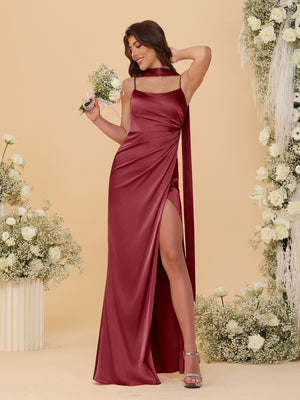 Sheath/Column Spaghetti Straps Sleeveless Floor-Length Ruched Bridesmaid Dresses With Neck Scarf & Split Side