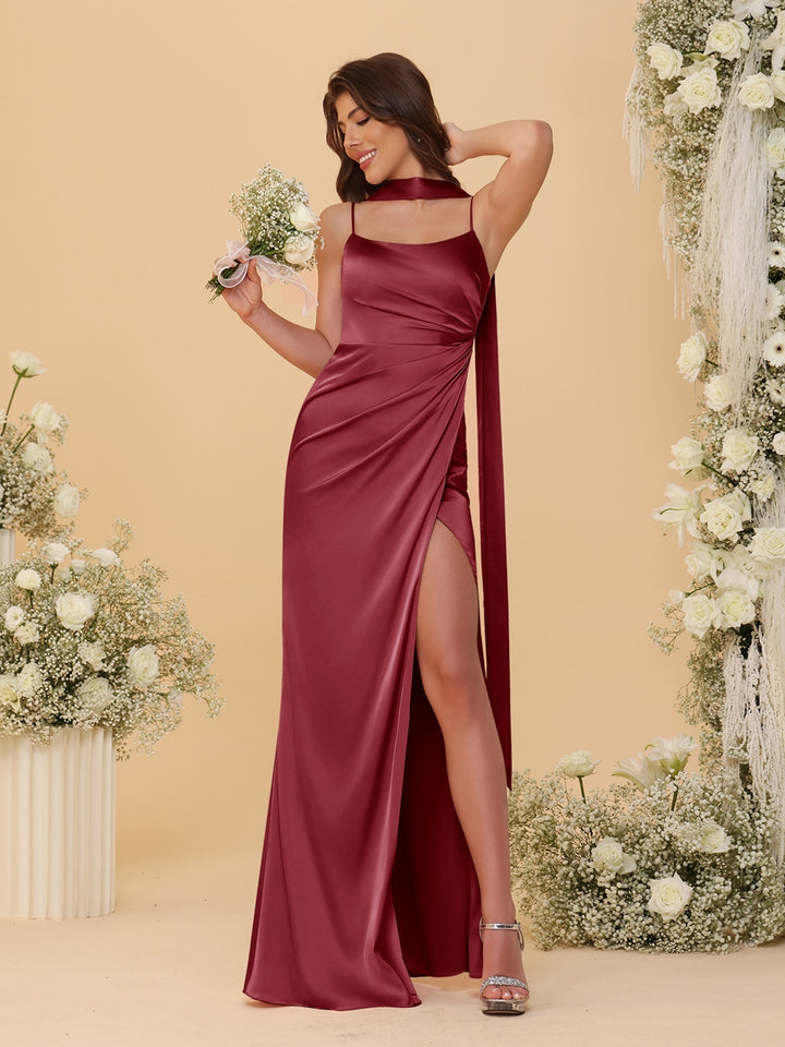 Sheath/Column Spaghetti Straps Sleeveless Floor-Length Ruched Bridesmaid Dresses With Neck Scarf &amp; Split Side