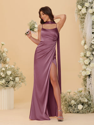 Sheath/Column Spaghetti Straps Sleeveless Floor-Length Ruched Bridesmaid Dresses With Neck Scarf & Split Side