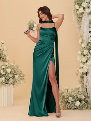 Sheath/Column Spaghetti Straps Sleeveless Floor-Length Ruched Bridesmaid Dresses With Neck Scarf & Split Side