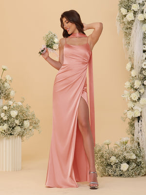 Sheath/Column Spaghetti Straps Sleeveless Floor-Length Ruched Bridesmaid Dresses With Neck Scarf & Split Side