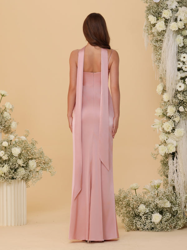 Sheath/Column Spaghetti Straps Sleeveless Floor-Length Ruched  Bridesmaid Dresses With Neck Scarf & Split Side