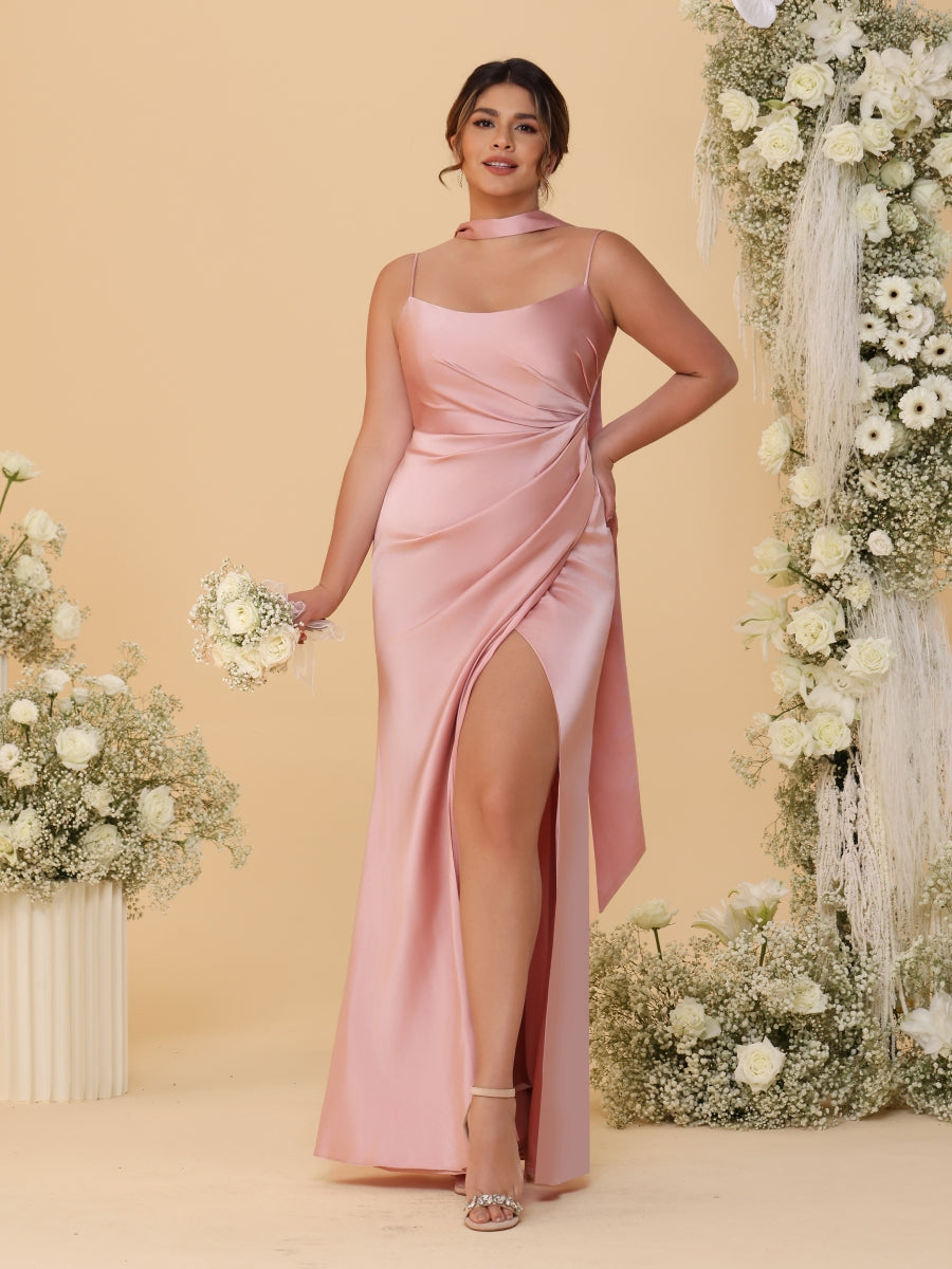Sheath/Column Spaghetti Straps Sleeveless Floor-Length Ruched  Bridesmaid Dresses With Neck Scarf &amp; Split Side