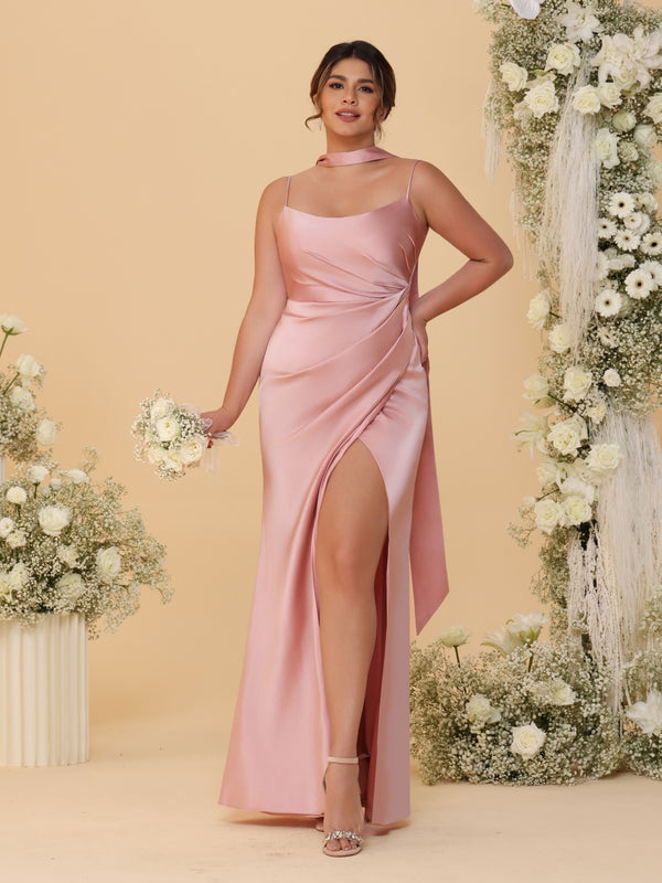 Sheath/Column Spaghetti Straps Sleeveless Floor-Length Ruched  Bridesmaid Dresses With Neck Scarf & Split Side