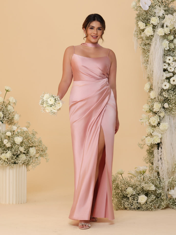 Sheath/Column Spaghetti Straps Sleeveless Floor-Length Ruched  Bridesmaid Dresses With Neck Scarf &amp; Split Side