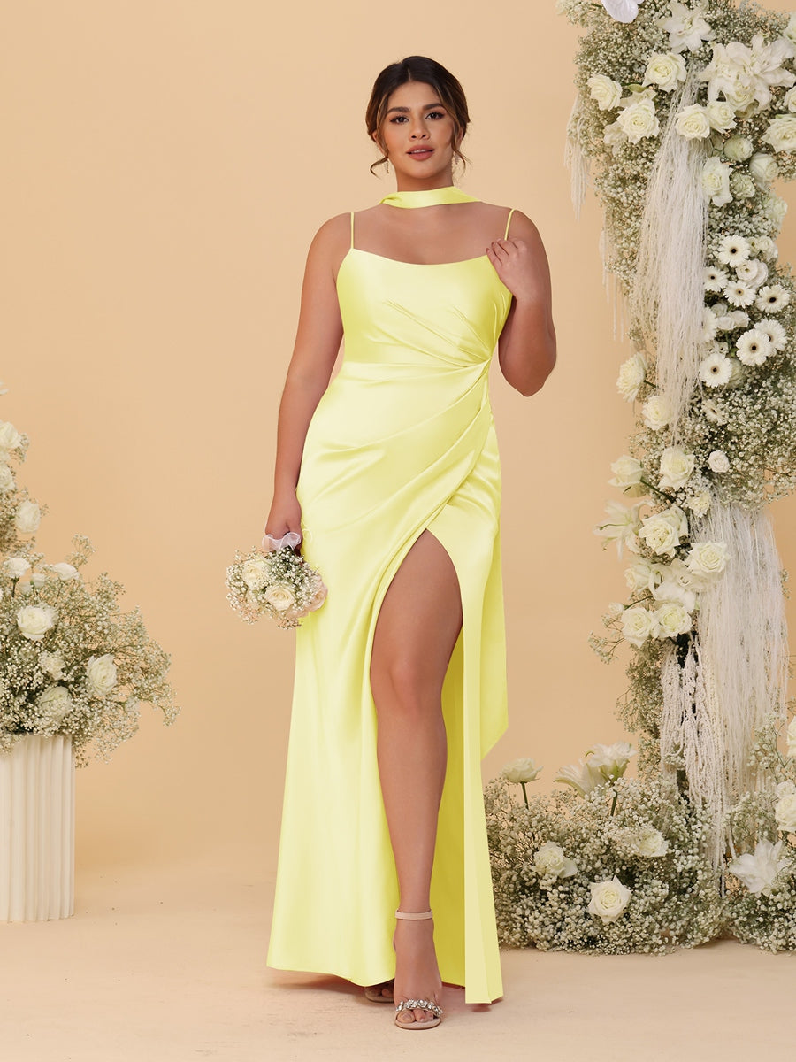 Sheath/Column Spaghetti Straps Sleeveless Floor-Length Ruched  Bridesmaid Dresses With Neck Scarf &amp; Split Side