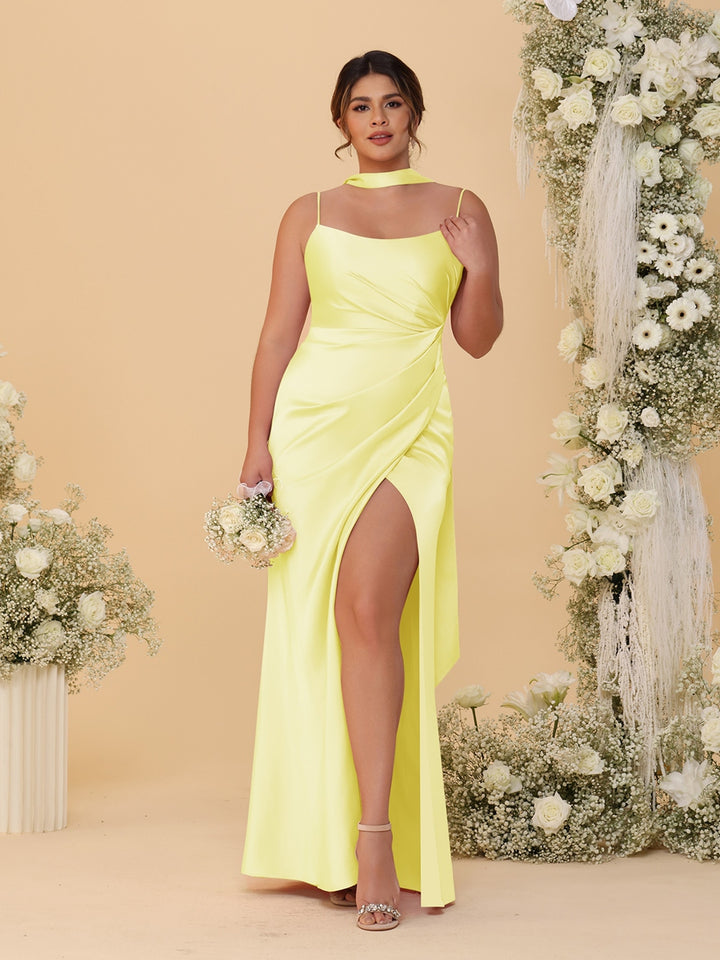 Sheath/Column Spaghetti Straps Sleeveless Floor-Length Ruched  Bridesmaid Dresses With Neck Scarf &amp; Split Side