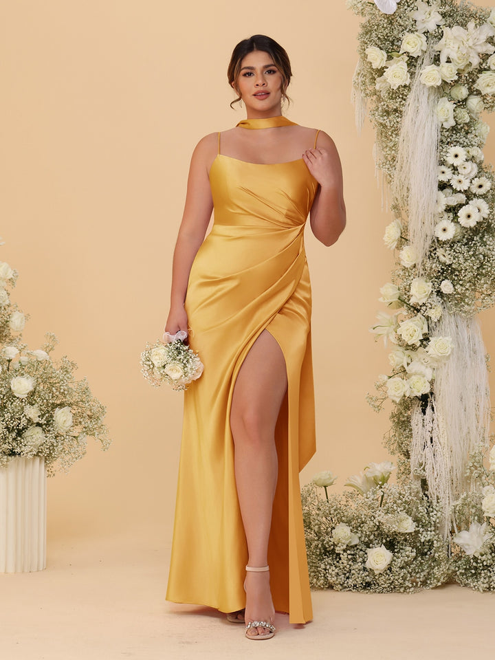 Sheath/Column Spaghetti Straps Sleeveless Floor-Length Ruched  Bridesmaid Dresses With Neck Scarf &amp; Split Side