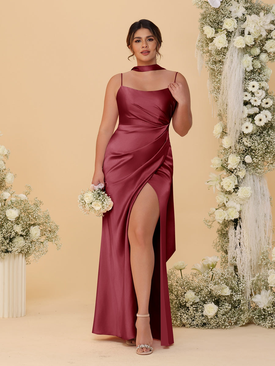 Sheath/Column Spaghetti Straps Sleeveless Floor-Length Ruched  Bridesmaid Dresses With Neck Scarf &amp; Split Side