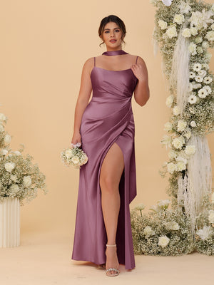 Sheath/Column Spaghetti Straps Sleeveless Floor-Length Ruched  Bridesmaid Dresses With Neck Scarf & Split Side