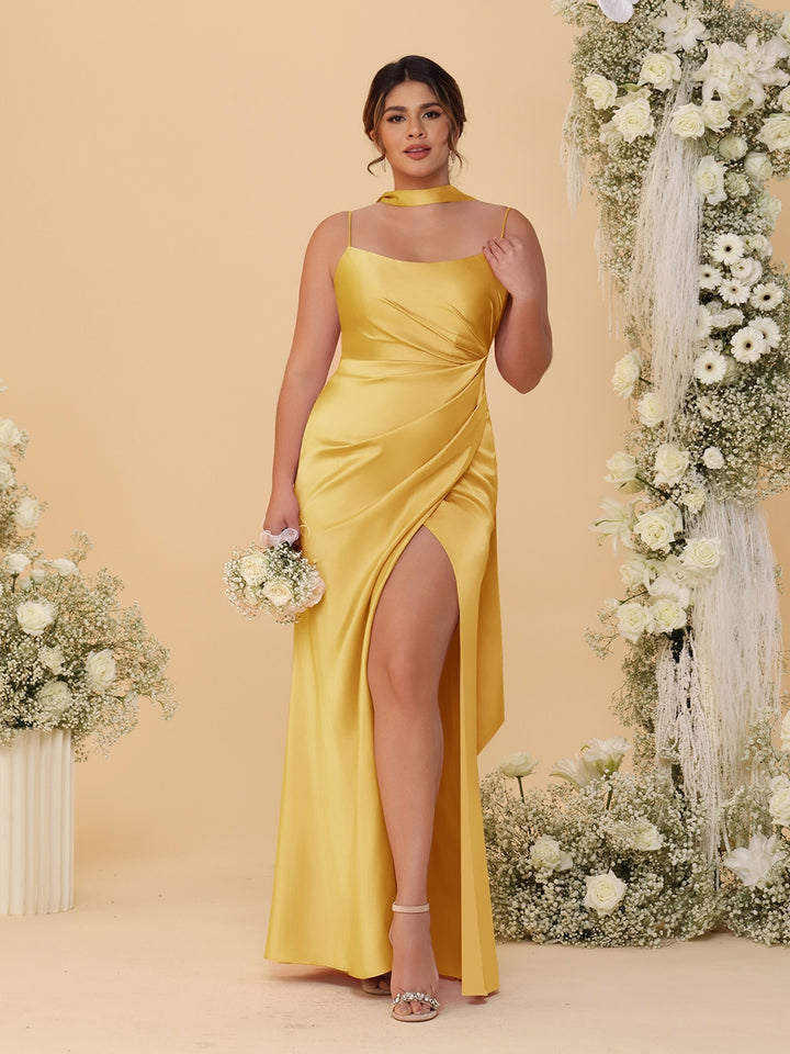 Sheath/Column Spaghetti Straps Sleeveless Floor-Length Ruched  Bridesmaid Dresses With Neck Scarf &amp; Split Side