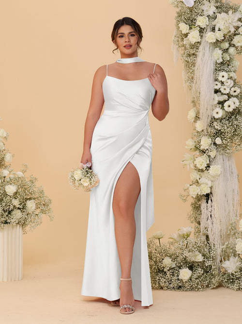 Sheath/Column Spaghetti Straps Sleeveless Floor-Length Ruched  Bridesmaid Dresses With Neck Scarf & Split Side