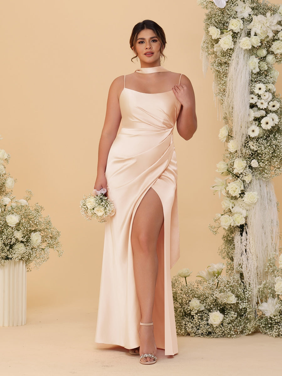 Sheath/Column Spaghetti Straps Sleeveless Floor-Length Ruched  Bridesmaid Dresses With Neck Scarf &amp; Split Side