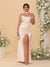 Sheath/Column Spaghetti Straps Sleeveless Floor-Length Ruched  Bridesmaid Dresses With Neck Scarf & Split Side
