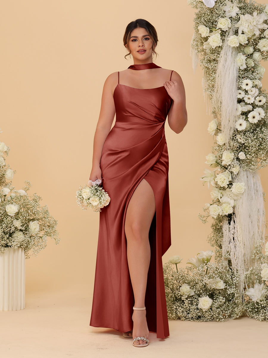 Sheath/Column Spaghetti Straps Sleeveless Floor-Length Ruched  Bridesmaid Dresses With Neck Scarf &amp; Split Side