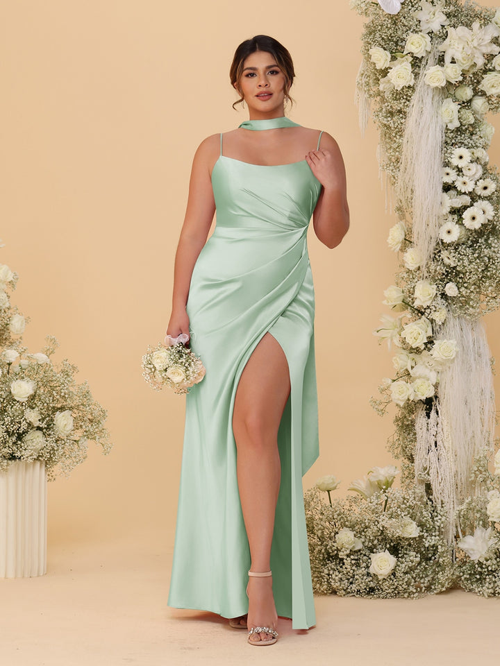 Sheath/Column Spaghetti Straps Sleeveless Floor-Length Ruched  Bridesmaid Dresses With Neck Scarf &amp; Split Side