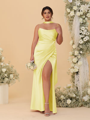 Sheath/Column Spaghetti Straps Sleeveless Floor-Length Ruched  Bridesmaid Dresses With Neck Scarf & Split Side
