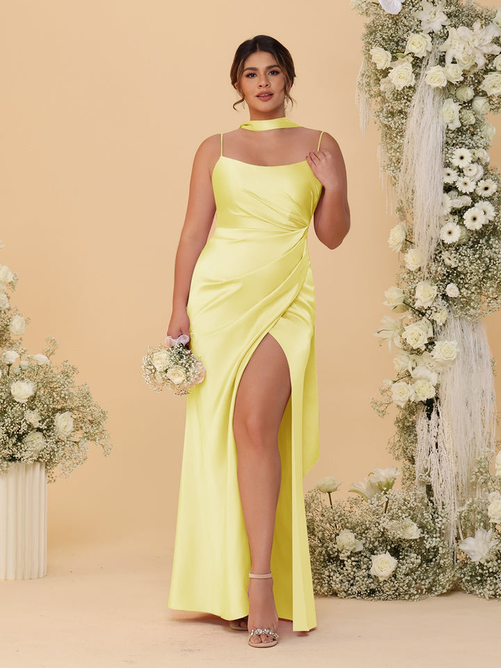 Sheath/Column Spaghetti Straps Sleeveless Floor-Length Ruched  Bridesmaid Dresses With Neck Scarf &amp; Split Side