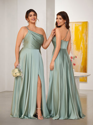 A-Line/Princess Spaghetti Straps Sleeveless Long Ruched Bridesmaid Dresses With Split Side