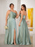 A-Line/Princess Spaghetti Straps Sleeveless Long Ruched Bridesmaid Dresses With Split Side