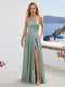 A-Line/Princess Spaghetti Straps Sleeveless Long Ruched Bridesmaid Dresses With Split Side