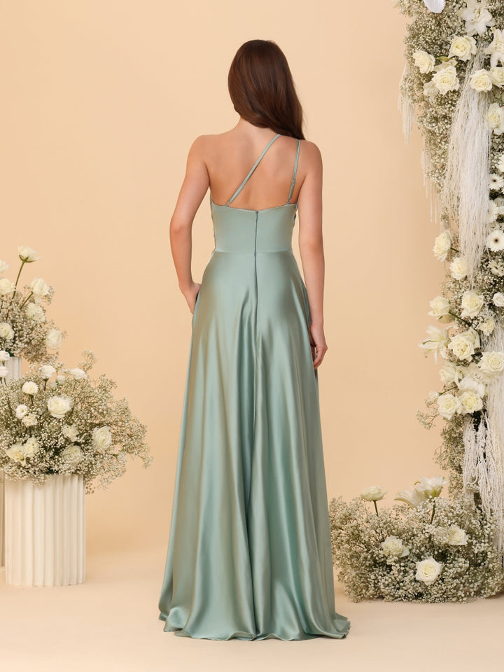 A-Line/Princess Spaghetti Straps Sleeveless Long Ruched Bridesmaid Dresses With Split Side
