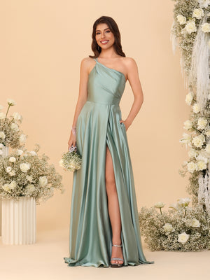 A-Line/Princess Spaghetti Straps Sleeveless Long Ruched Bridesmaid Dresses With Split Side