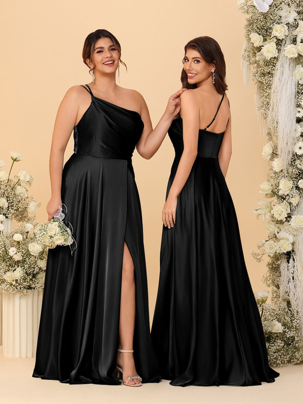 A-Line/Princess Spaghetti Straps Sleeveless Long Ruched Bridesmaid Dresses With Split Side