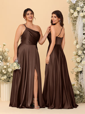 A-Line/Princess Spaghetti Straps Sleeveless Long Ruched Bridesmaid Dresses With Split Side