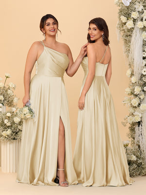 A-Line/Princess Spaghetti Straps Sleeveless Long Ruched Bridesmaid Dresses With Split Side