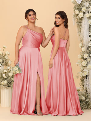 A-Line/Princess Spaghetti Straps Sleeveless Long Ruched Bridesmaid Dresses With Split Side