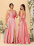 A-Line/Princess Spaghetti Straps Sleeveless Long Ruched Bridesmaid Dresses With Split Side