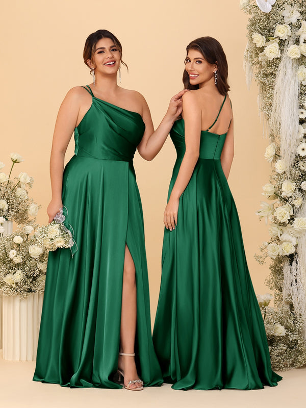 A-Line/Princess Spaghetti Straps Sleeveless Long Ruched Bridesmaid Dresses With Split Side