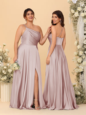 A-Line/Princess Spaghetti Straps Sleeveless Long Ruched Bridesmaid Dresses With Split Side