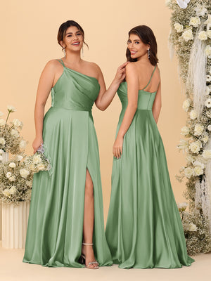 A-Line/Princess Spaghetti Straps Sleeveless Long Ruched Bridesmaid Dresses With Split Side