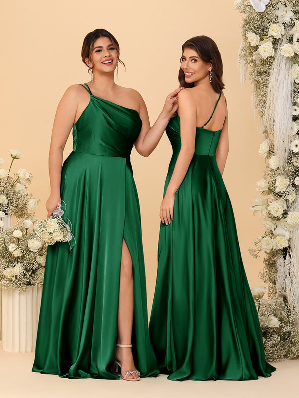 A-Line/Princess Spaghetti Straps Sleeveless Long Ruched Bridesmaid Dresses With Split Side