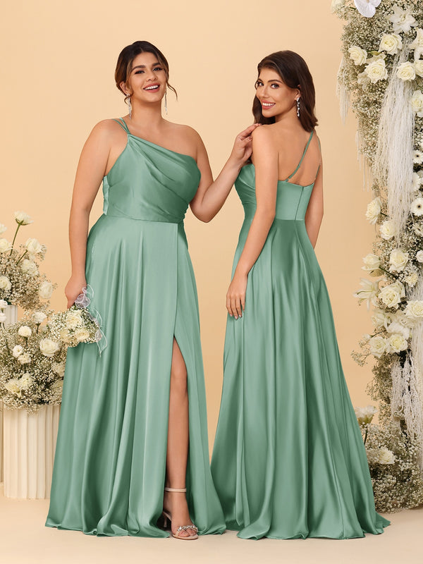 A-Line/Princess Spaghetti Straps Sleeveless Long Ruched Bridesmaid Dresses With Split Side
