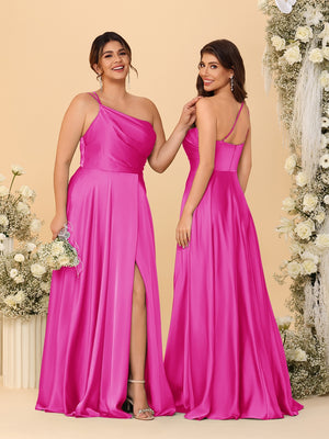 A-Line/Princess Spaghetti Straps Sleeveless Long Ruched Bridesmaid Dresses With Split Side
