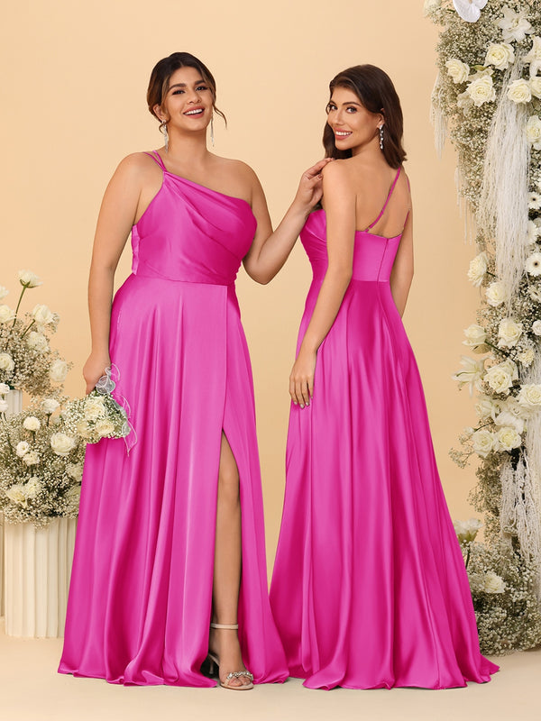 A-Line/Princess Spaghetti Straps Sleeveless Long Ruched Bridesmaid Dresses With Split Side