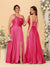 A-Line/Princess Spaghetti Straps Sleeveless Long Ruched Bridesmaid Dresses With Split Side