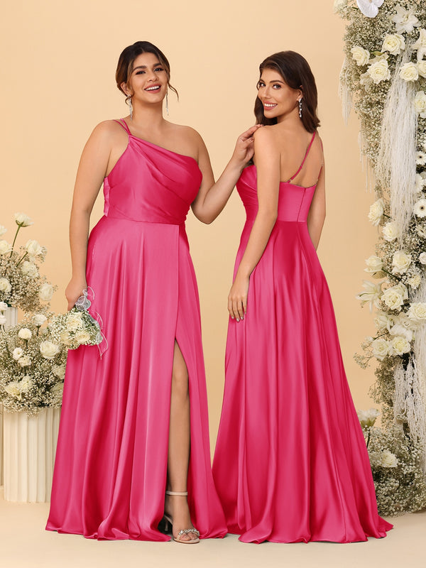 A-Line/Princess Spaghetti Straps Sleeveless Long Ruched Bridesmaid Dresses With Split Side