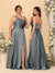 A-Line/Princess Spaghetti Straps Sleeveless Long Ruched Bridesmaid Dresses With Split Side