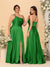 A-Line/Princess Spaghetti Straps Sleeveless Long Ruched Bridesmaid Dresses With Split Side
