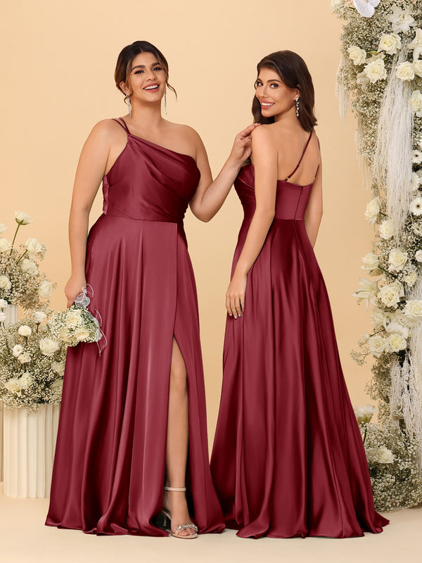 A-Line/Princess Spaghetti Straps Sleeveless Long Ruched Bridesmaid Dresses With Split Side