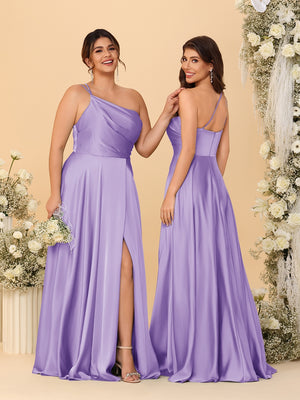 A-Line/Princess Spaghetti Straps Sleeveless Long Ruched Bridesmaid Dresses With Split Side